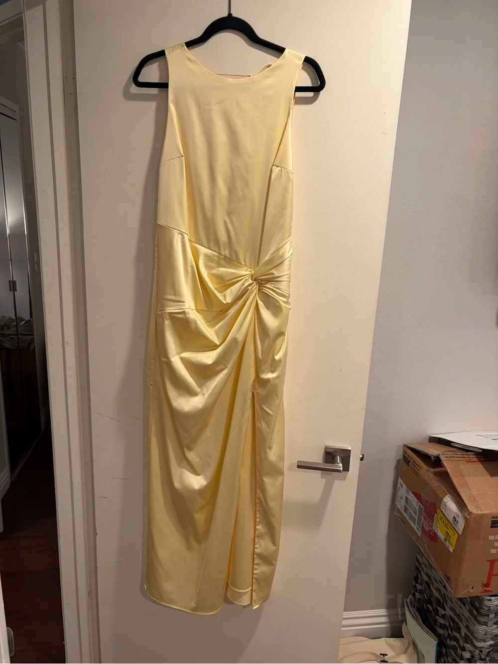 Abercrombie & Fitch Pale Yellow Satin Maxi Dress with Side Slit